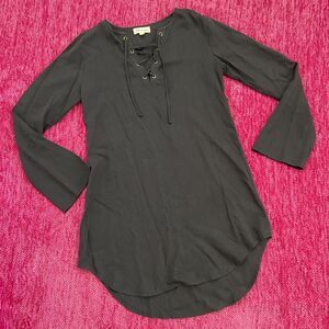 Cloth & Stone Anthropologie Tunic Top Lace Up Tie Neck Long Sleeve Black Size S
